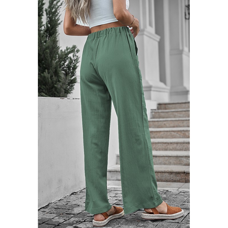 Green Drawstring Waist Crinkled Wide Leg Pants