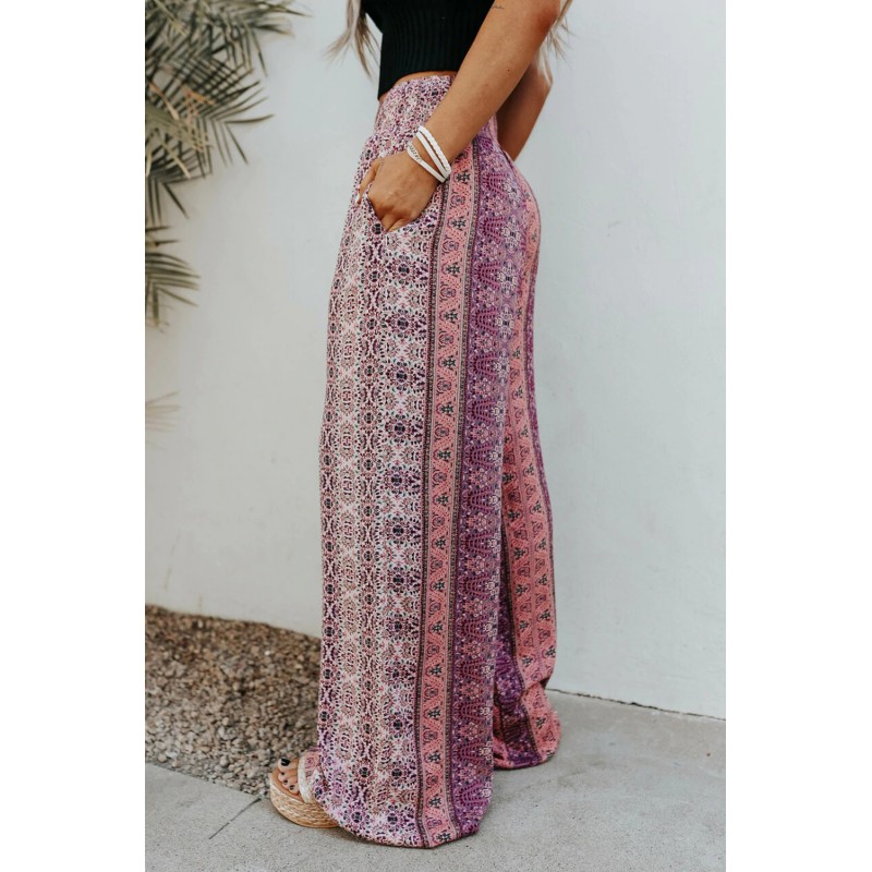 Purple Smocked Printed Wide Leg Pants