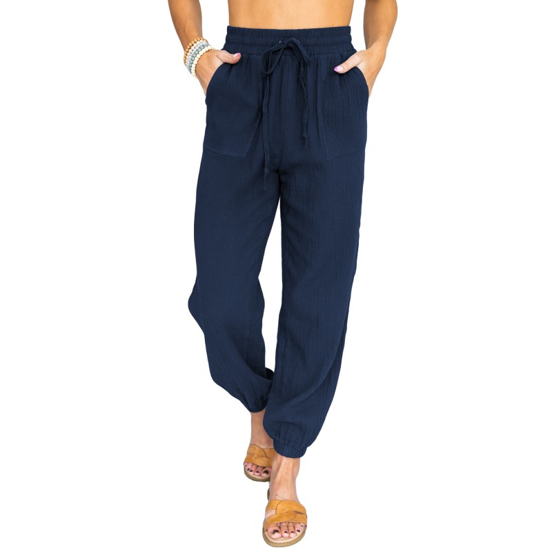 Blue Drawstring Elastic Waist Joggers with Pockets