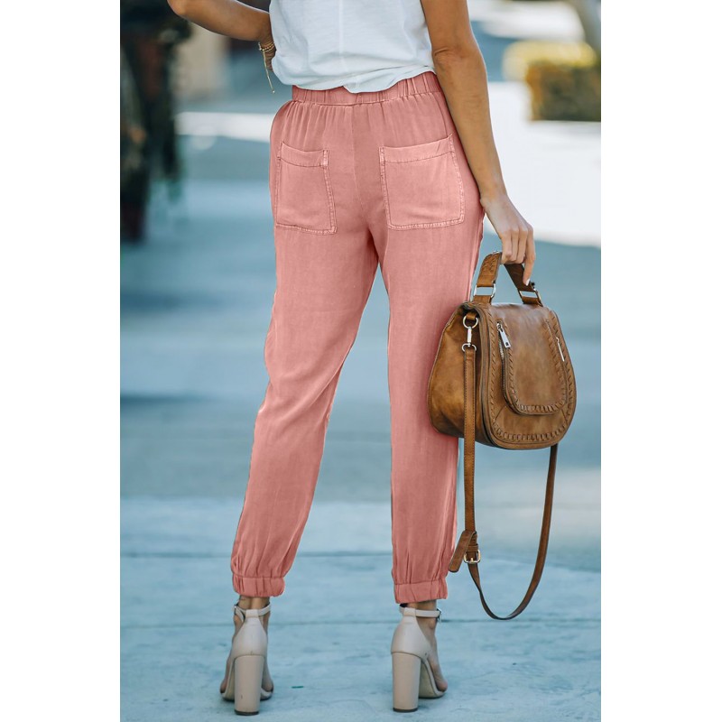 Pink Casual Pocketed Elastic Waist Joggers