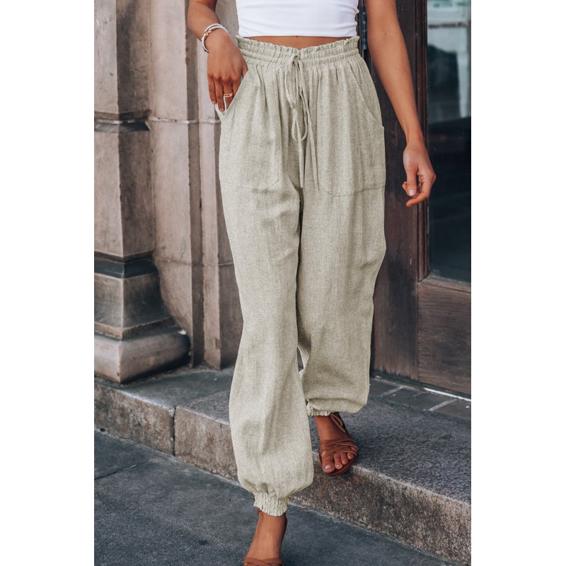 Beige Casual Drawstring High Waist Pockets Joggers