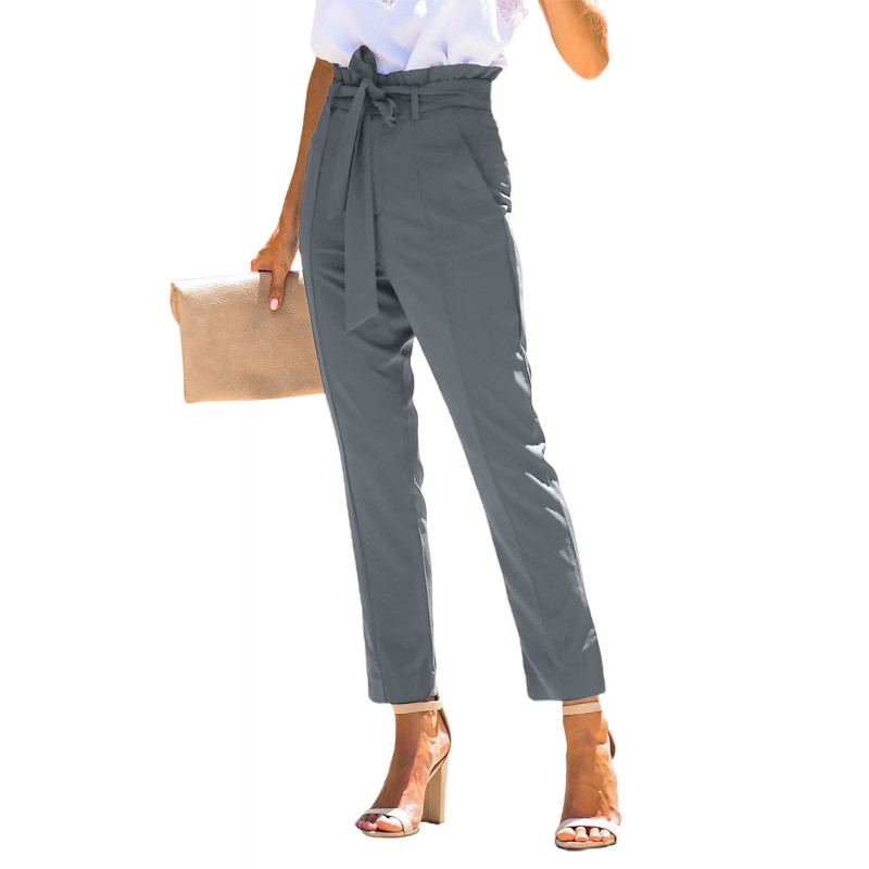 Gray Casual Paperbag Waist Straight Leg Pants with Belt