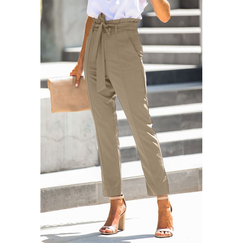 Khaki Casual Paperbag Waist Straight Leg Pants with Belt