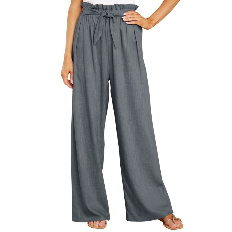 Gray Casual High Rise Paperbag Waist Wide Leg Pants