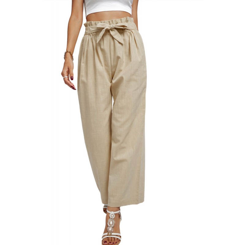 Khaki Casual High Rise Paperbag Waist Wide Leg Pants