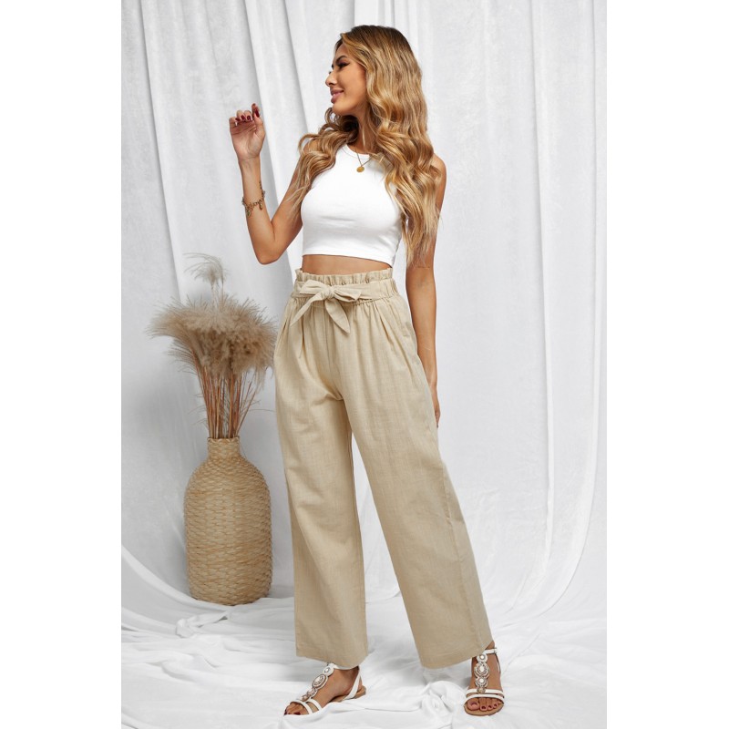 Khaki Casual High Rise Paperbag Waist Wide Leg Pants