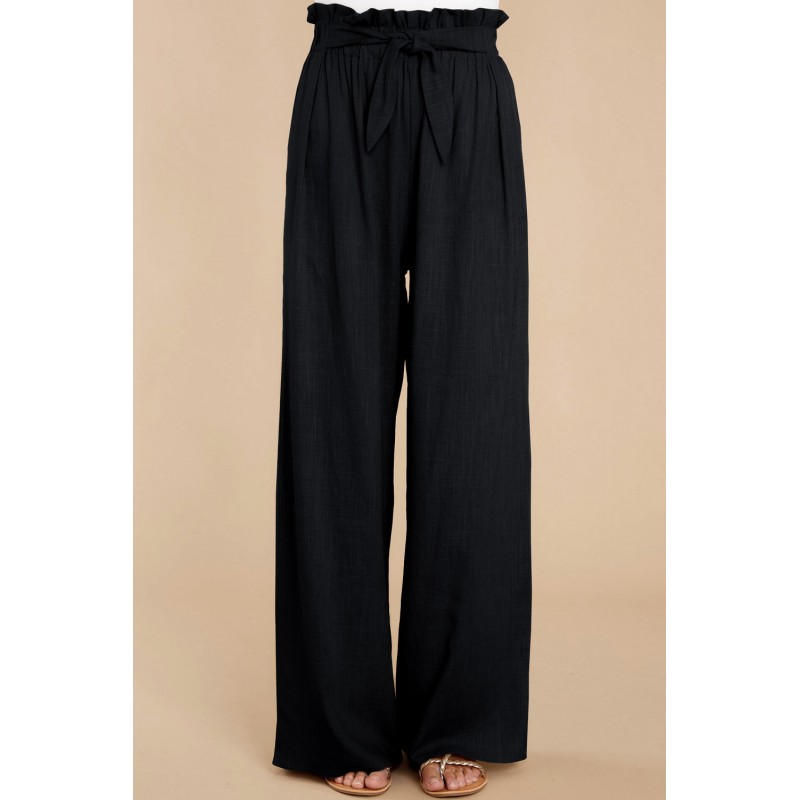 Black Casual High Rise Paperbag Waist Wide Leg Pants