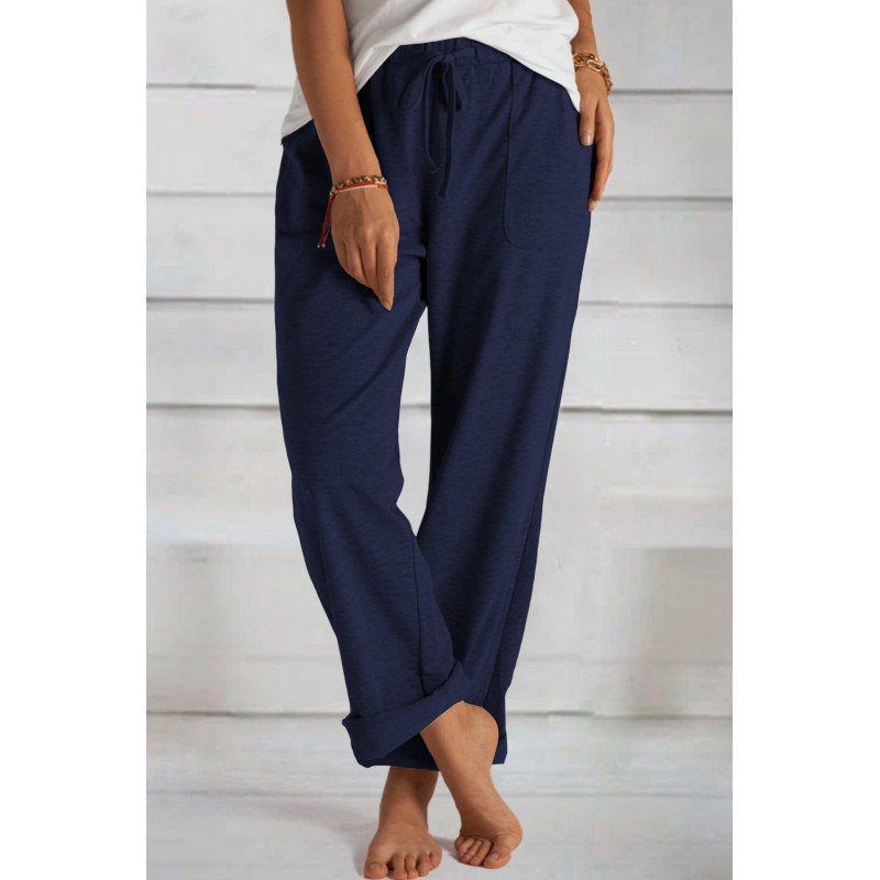 Blue Khaki Loose Drawstring Waist Knit Pants with Pockets