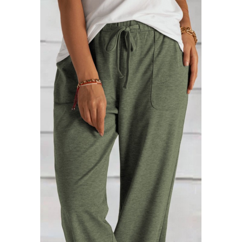 Green Khaki Loose Drawstring Waist Knit Pants with Pockets