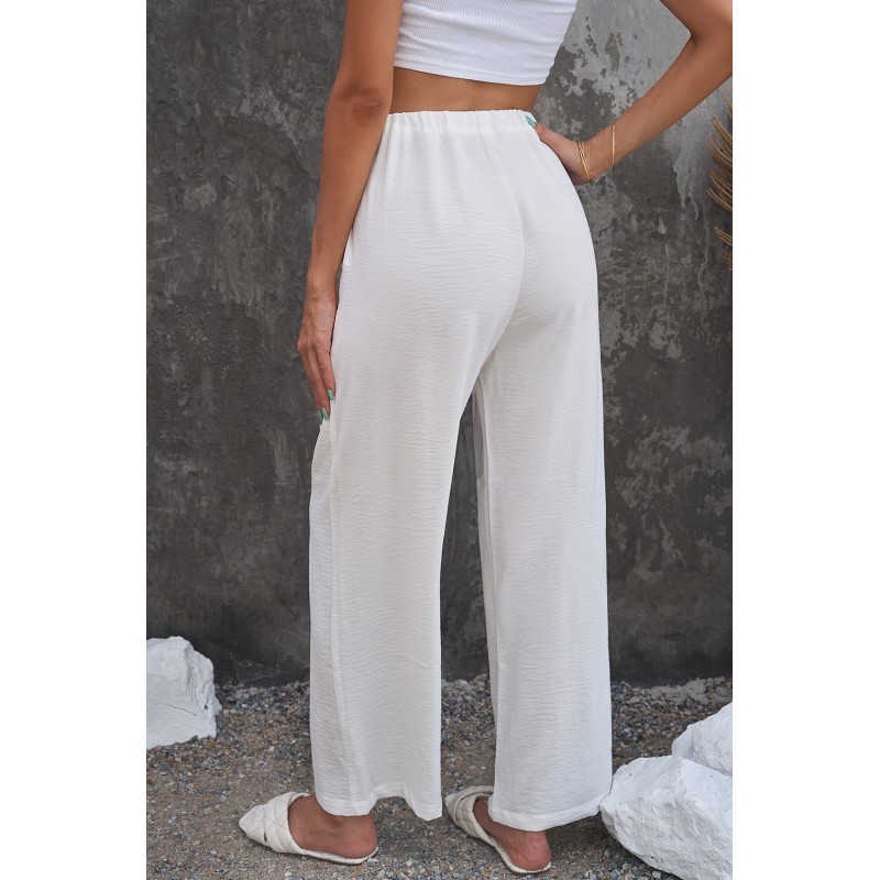 White Elastic Waist Pocketed Wide Leg Pants