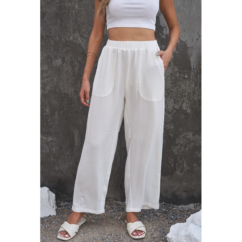 White Elastic Waist Pocketed Wide Leg Pants