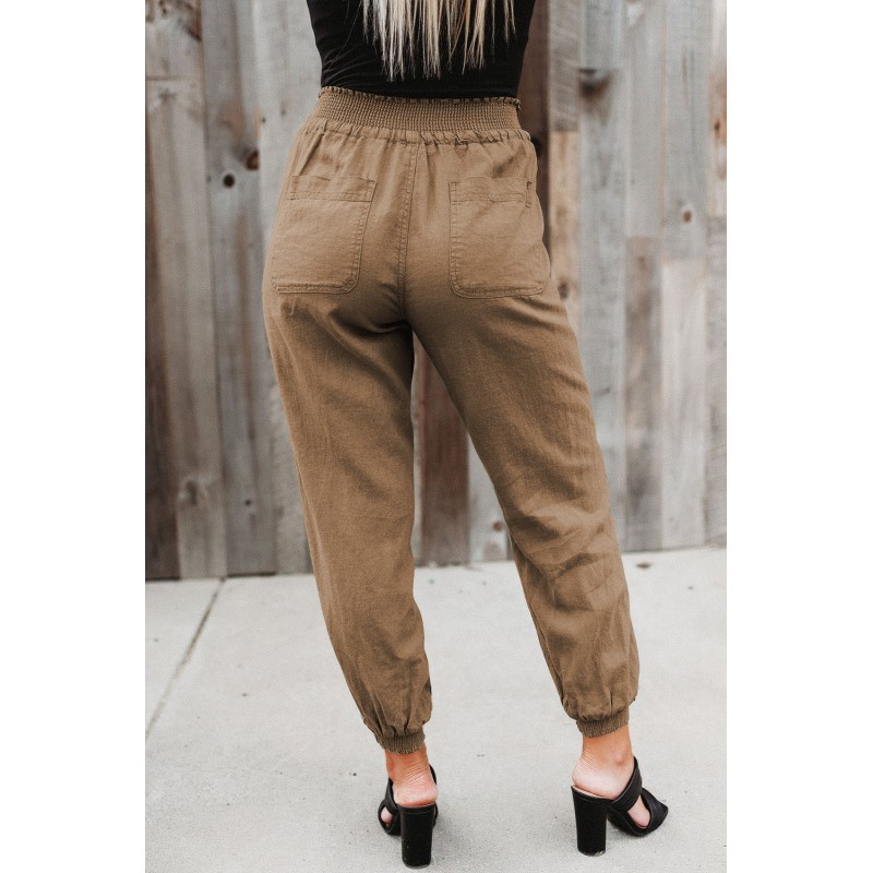 Khaki Elastic Waist Jogger Pants with Pocket