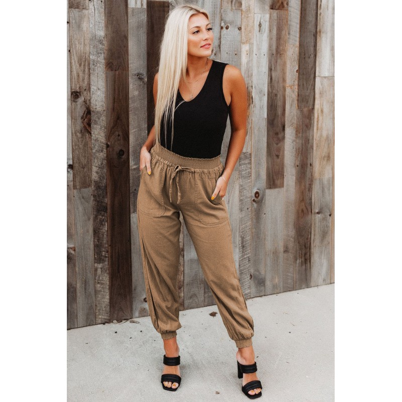 Khaki Elastic Waist Jogger Pants with Pocket