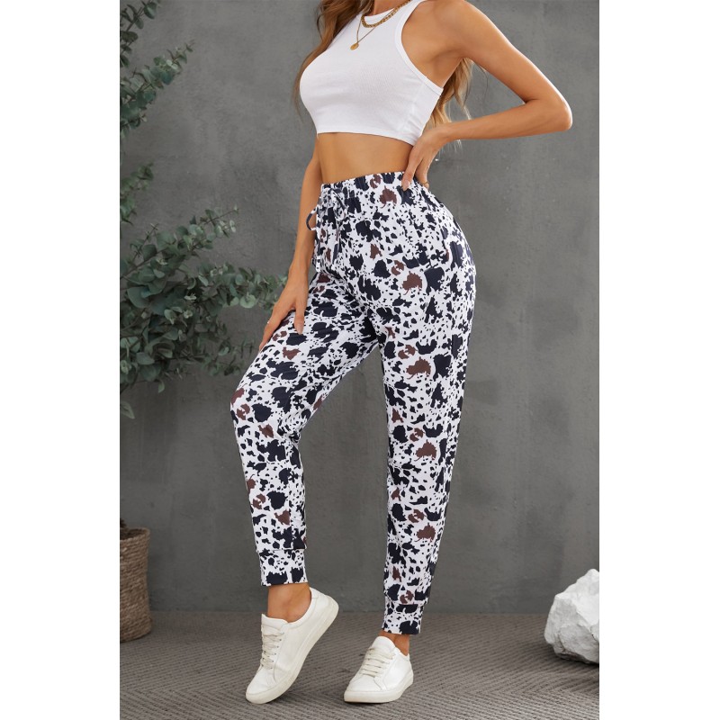 Drawstring Elastic Waist Cow Print Pants