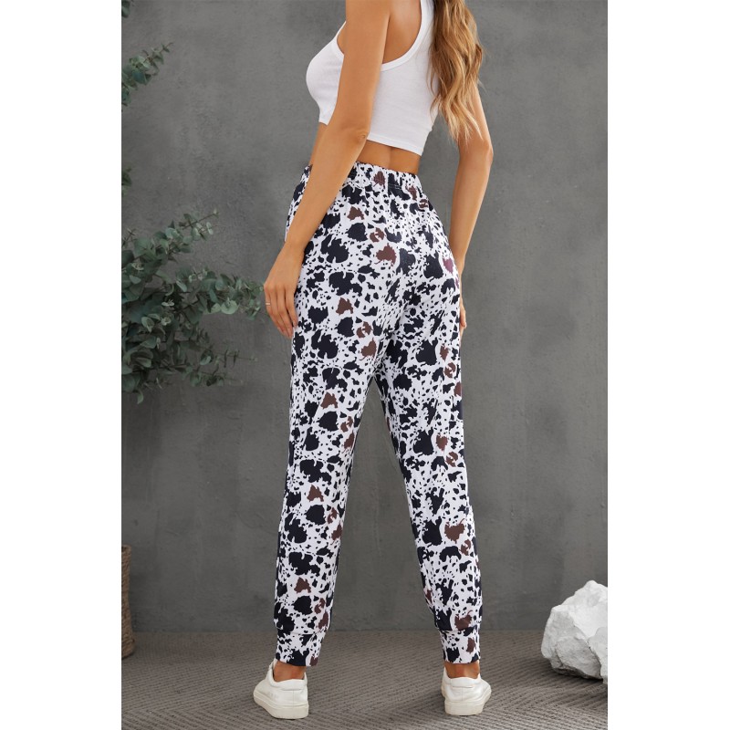 Drawstring Elastic Waist Cow Print Pants