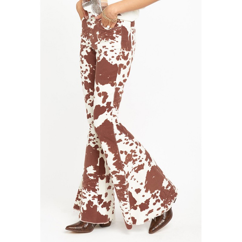 Brown Cow Print High Waisted Flared Pants