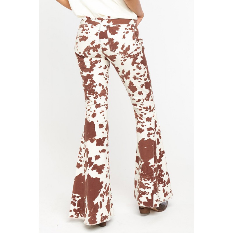 Brown Cow Print High Waisted Flared Pants