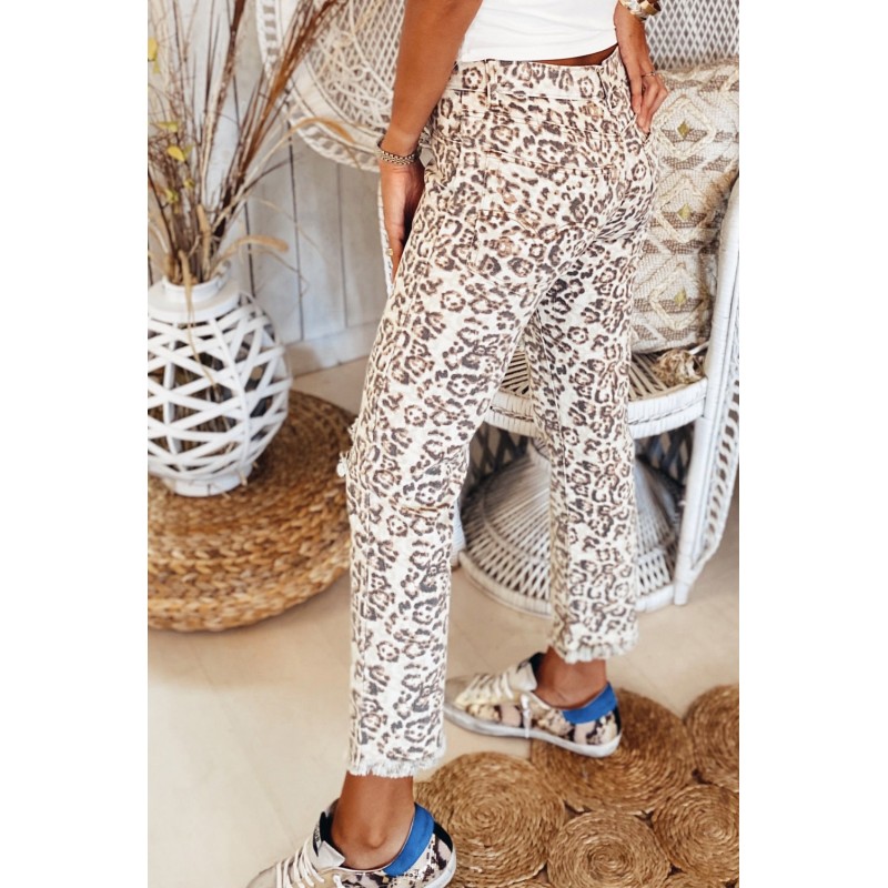 Leopard Raw Hem Straight Legs Pants