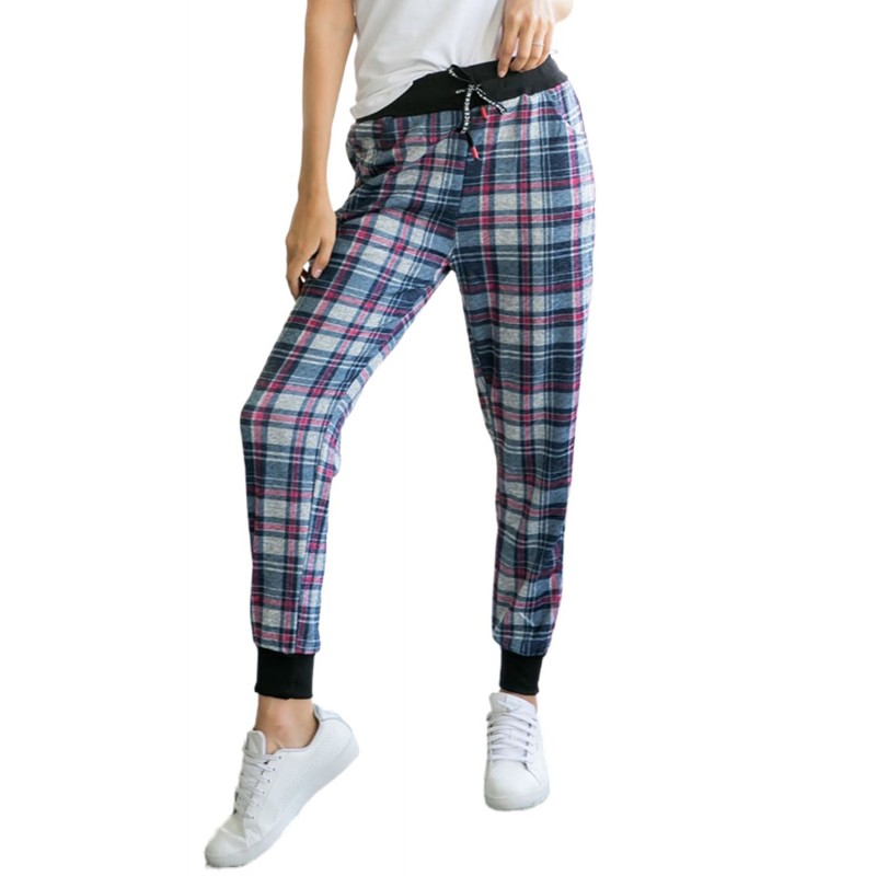 High Waisted Drawstring Plaid Joggers with Pockets