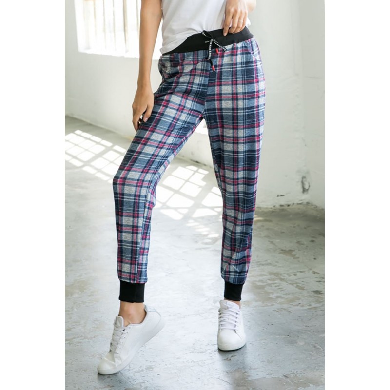 High Waisted Drawstring Plaid Joggers with Pockets