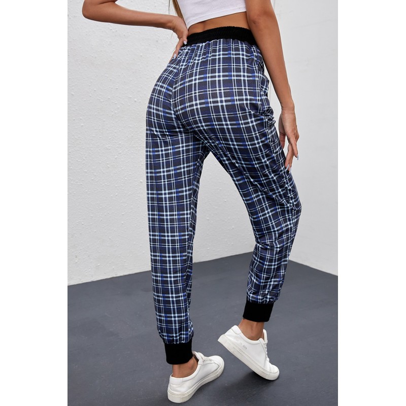 Blue High Waisted Drawstring Plaid Joggers with Pockets