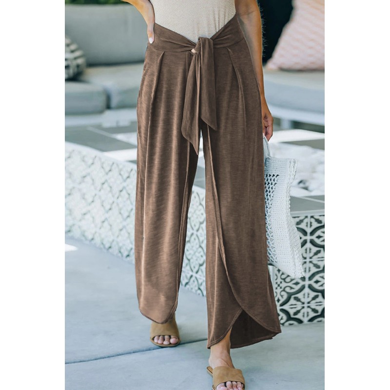 Brown Solid Tie Waist Palazzo Pants