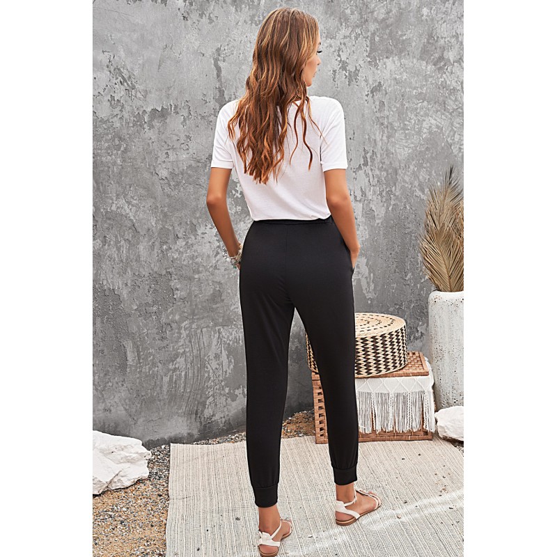 Black Pocketed Drawstring Casual Pants