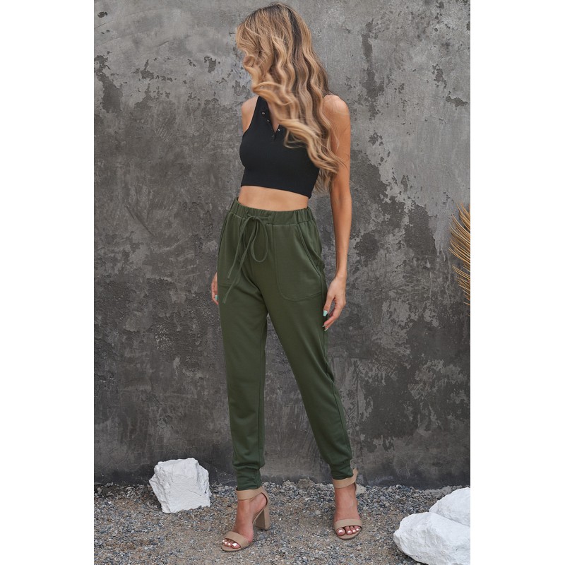 Army Green Pocketed Drawstring Casual Pants