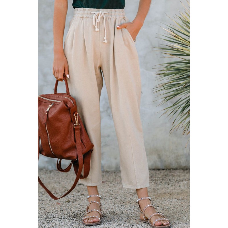 Beige Drawstring Pocketed Straight Leg Denim Pants