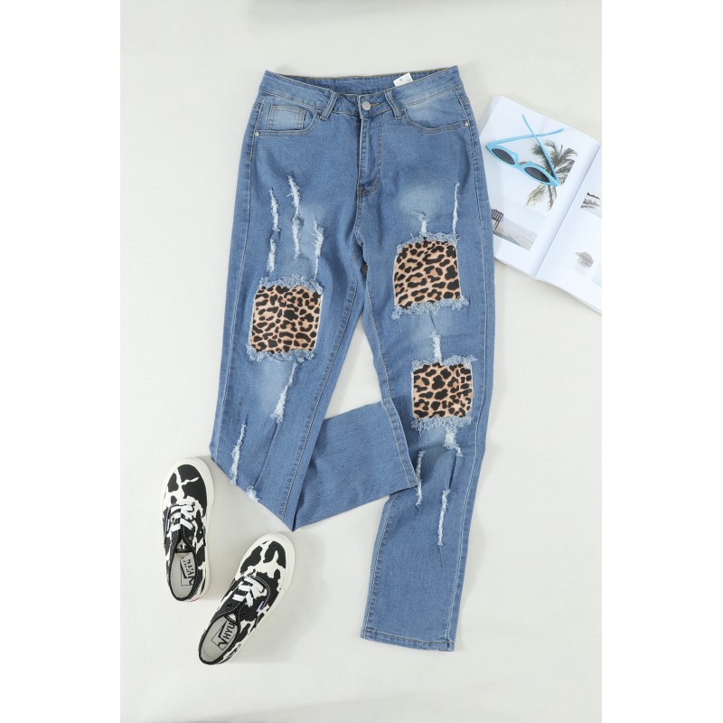 Leopard Print Stitching Ripped Skinny Jeans