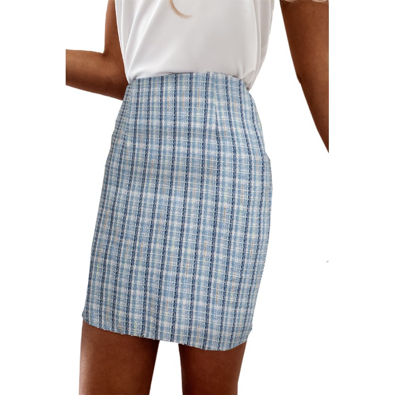 Sky Blue  High Waist Tweed Plaid Mini Skirt