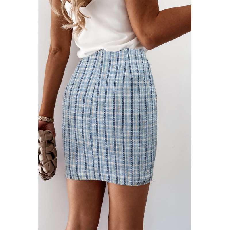 Sky Blue  High Waist Tweed Plaid Mini Skirt