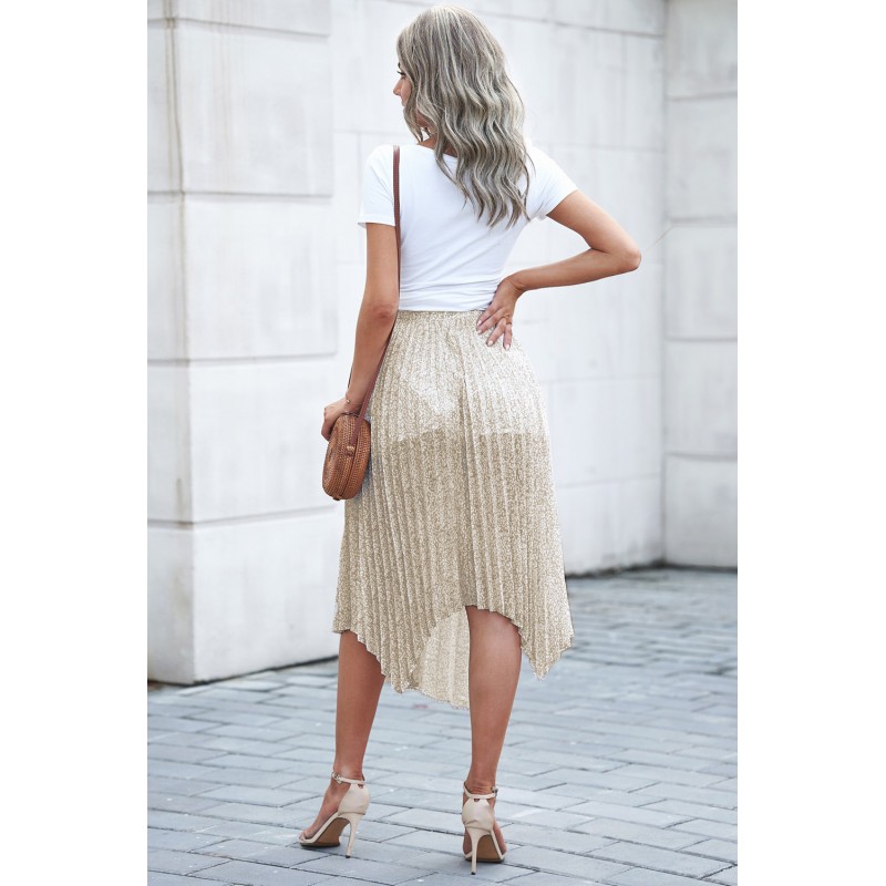 Beige Fashion Print Side Slit Pleated Maxi Skirt