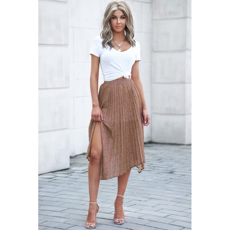 Brown Fashion Print Side Slit Pleated Maxi Skirt