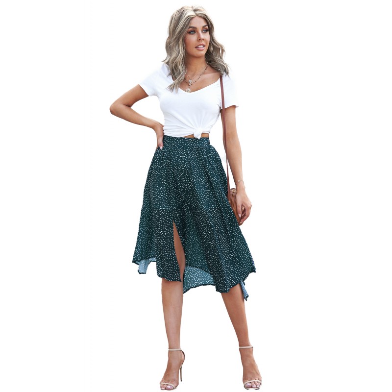 Green Fashion Print Side Slit Pleated Maxi Skirt