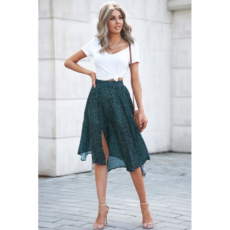 Green Fashion Print Side Slit Pleated Maxi Skirt