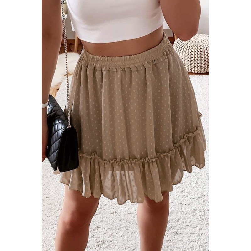 Khaki Dot Print Elastic Waist Chiffon Mini Skirt