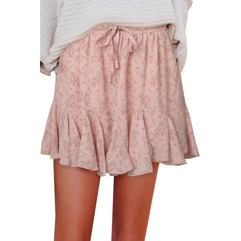 Apricot Ruffled Floral Mini Skirt