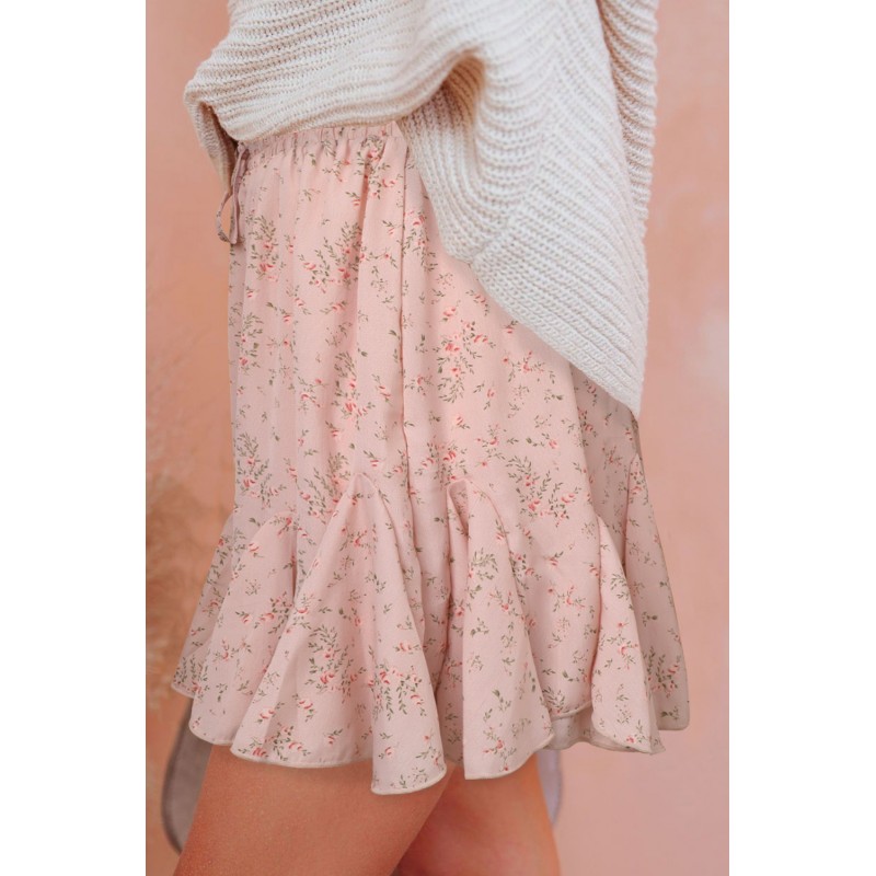 Apricot Ruffled Floral Mini Skirt