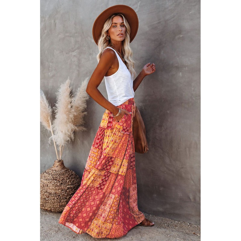 Orange Tiered Paisley Print Pocketed Maxi Skirt