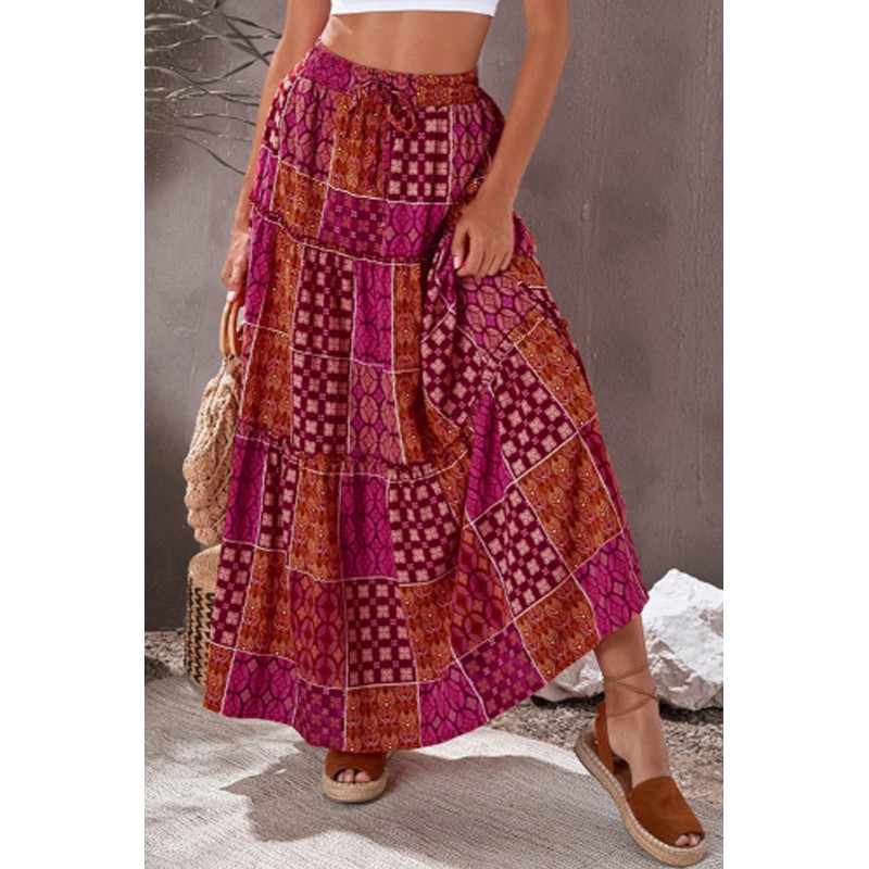 Tiered Paisley Print Pocketed Maxi Skirt