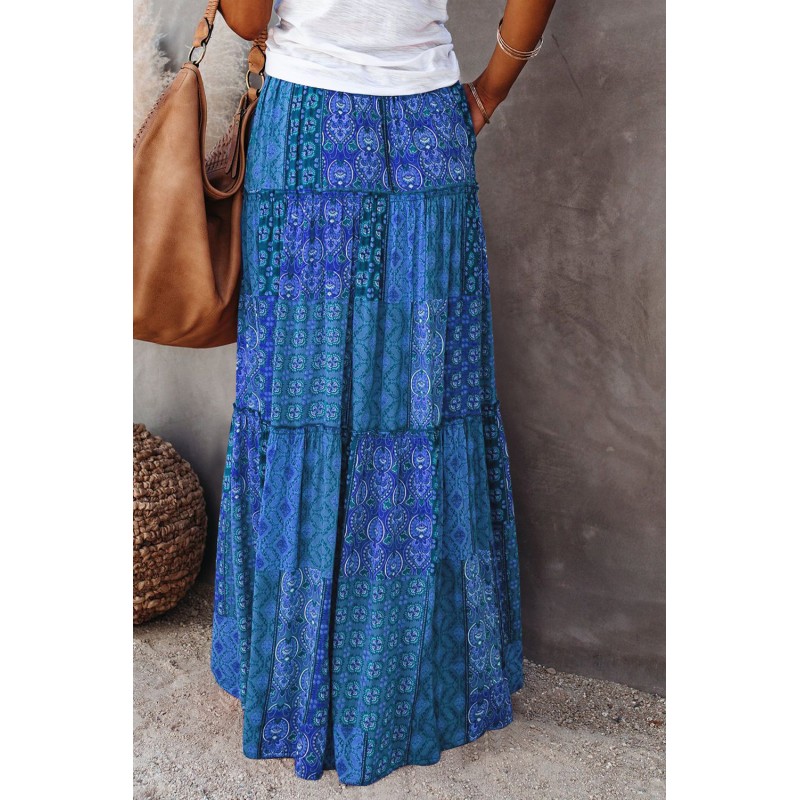 Tiered Paisley Print Pocketed Maxi Skirt