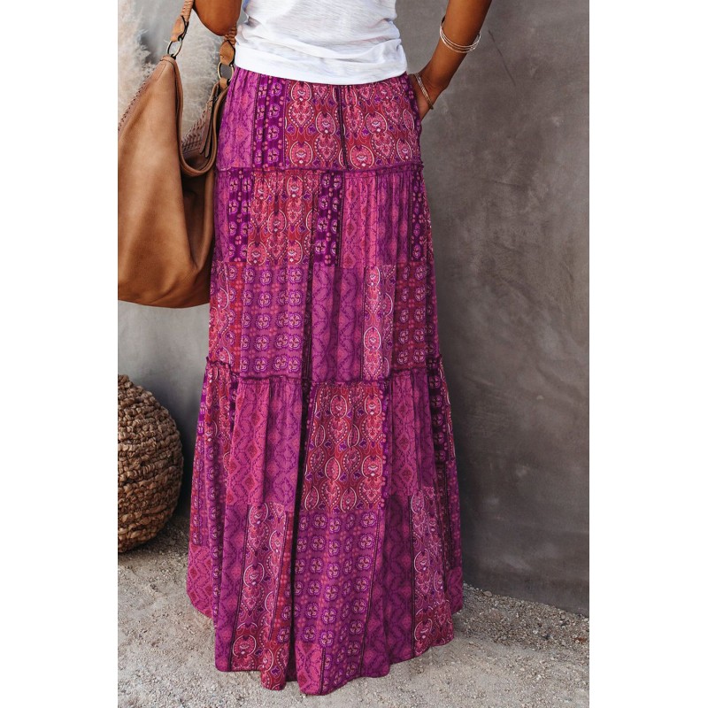 Purple Tiered Paisley Print Pocketed Maxi Skirt