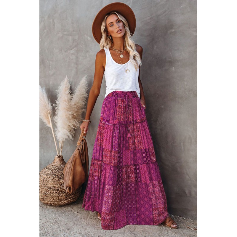 Purple Tiered Paisley Print Pocketed Maxi Skirt