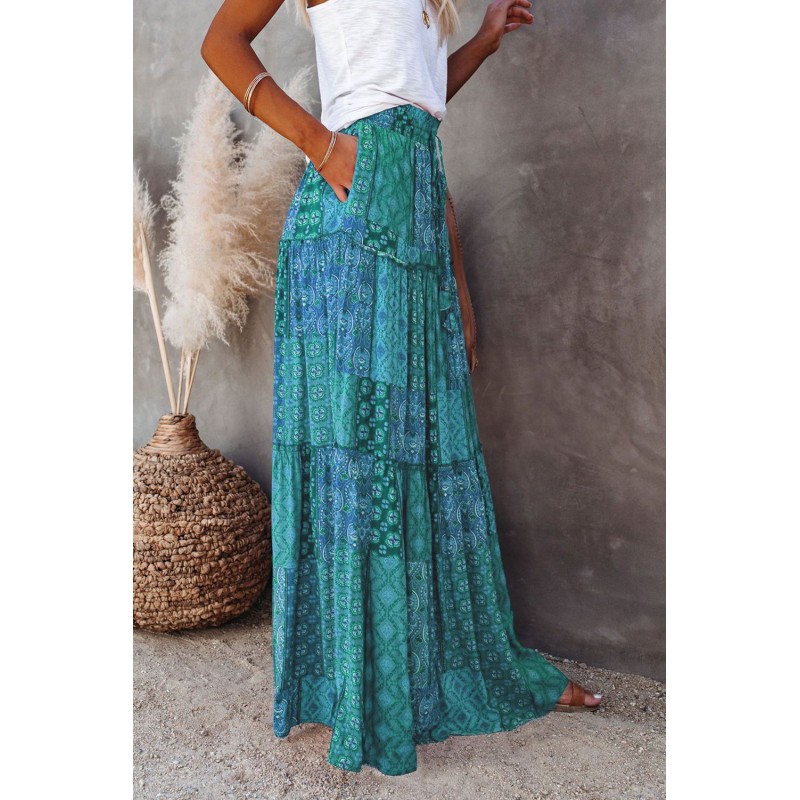 Green Tiered Paisley Print Pocketed Maxi Skirt