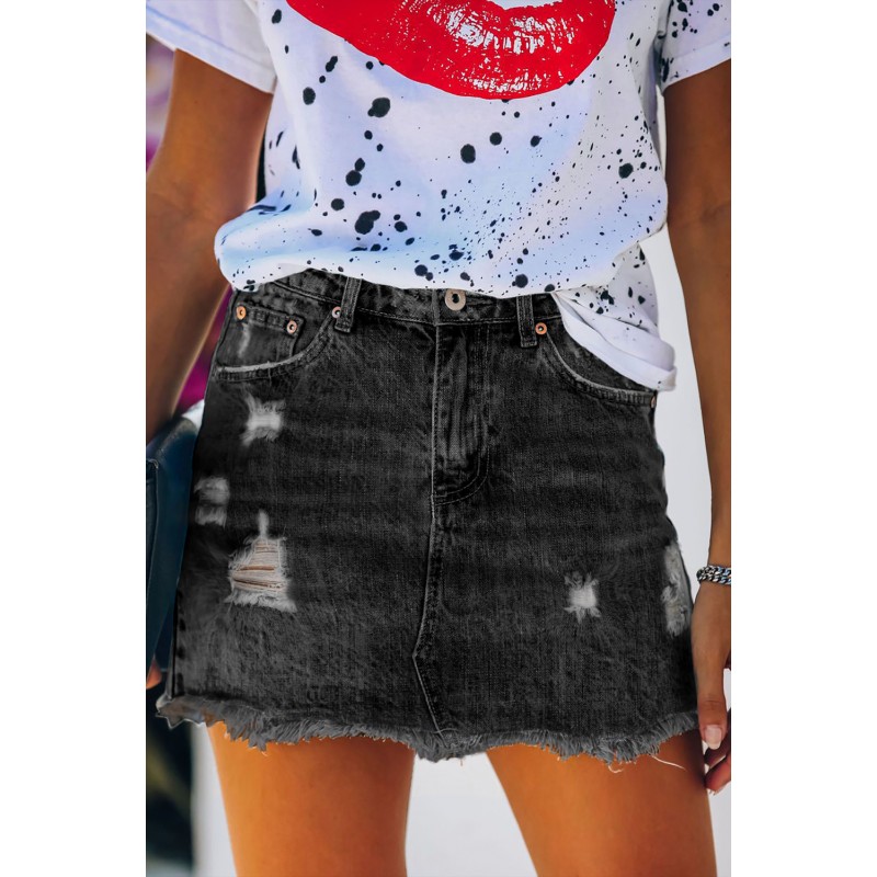 Black Distressed Raw Hem Denim Skirt