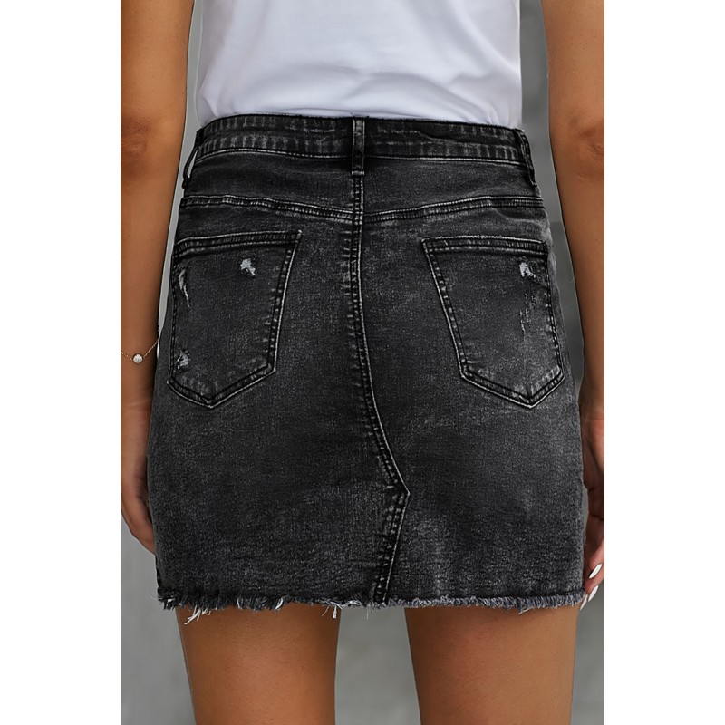 Black Distressed Raw Hem Denim Skirt