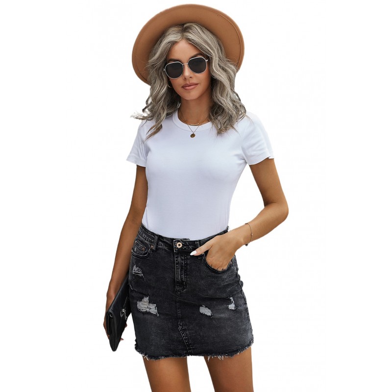 Black Distressed Raw Hem Denim Skirt