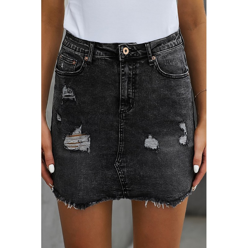 Black Distressed Raw Hem Denim Skirt