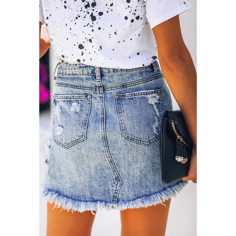 Sky Blue Distressed Raw Hem Denim Skirt